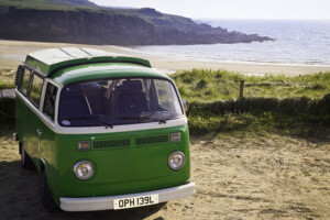 Green VW Camper Van in a beautiful Welsh landscape